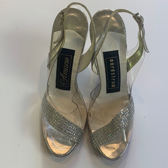 Size 6 Nordstrom Amano clear peep toe silver heels excellent condition. - Picture 1 of 5
